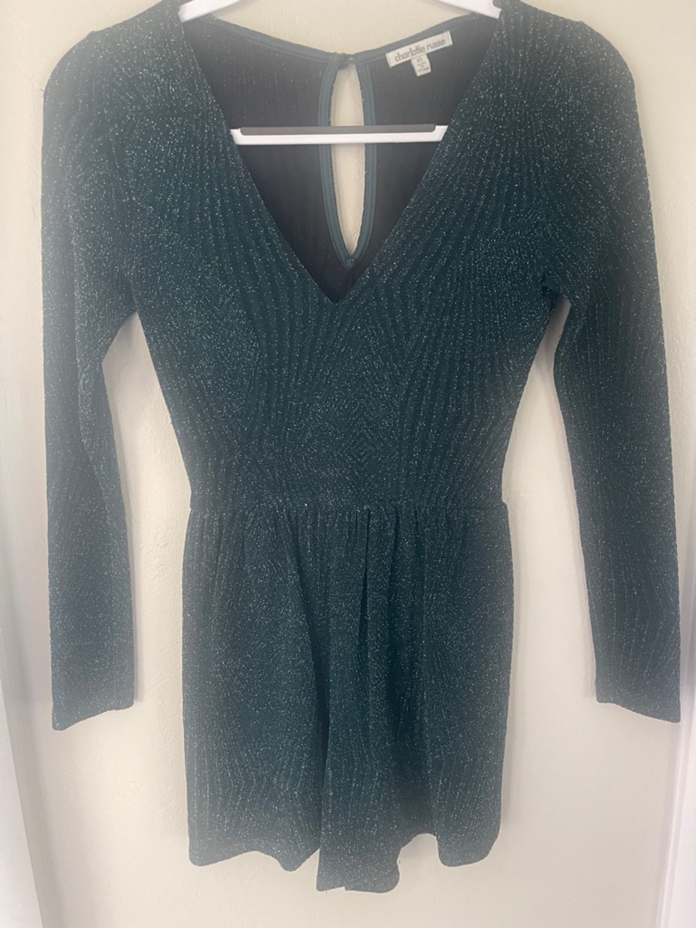 Charlotte Russe Shimmery Deep Green V-Neck Long Sleeve Romper